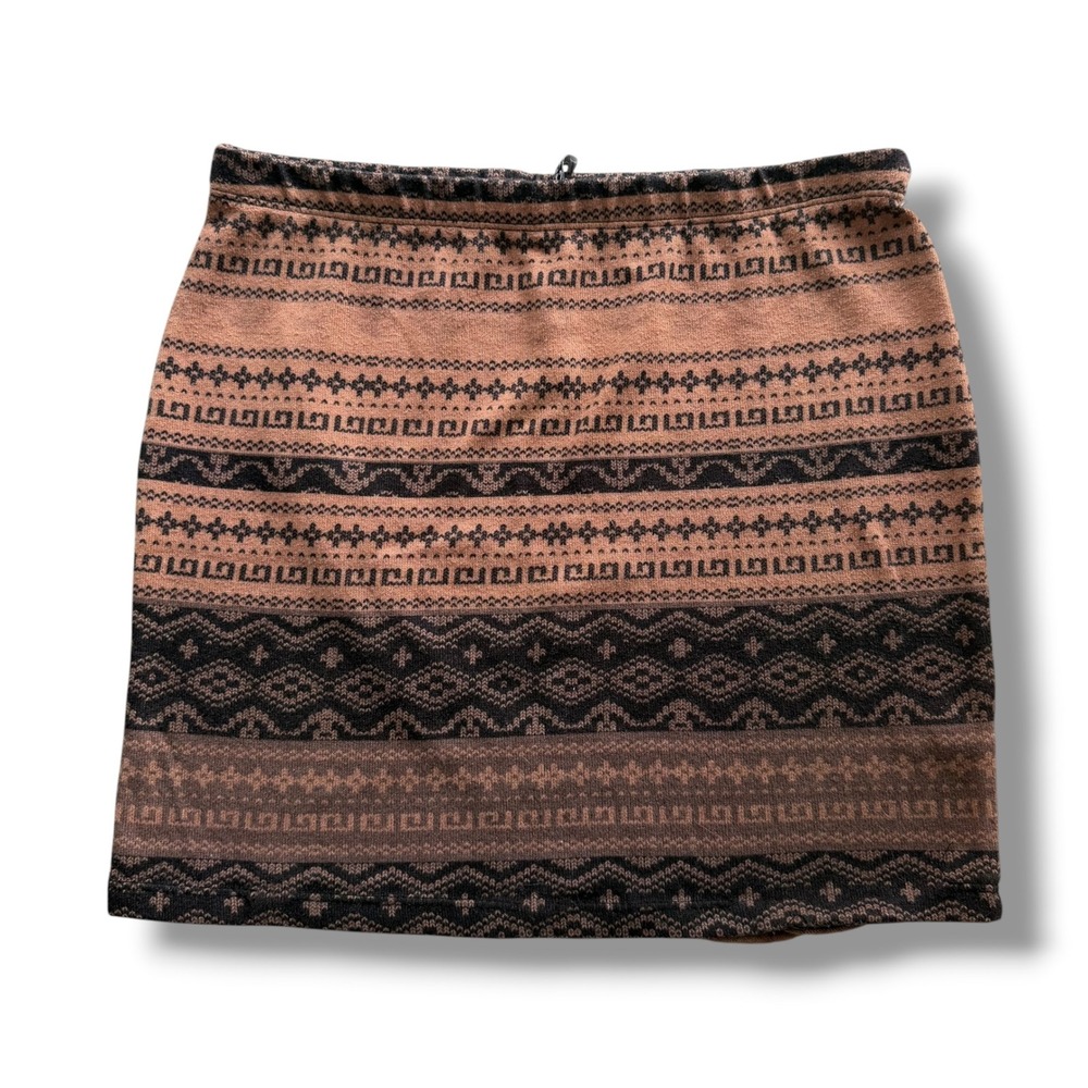 Cefian USA Med. Brown Fair Isle Aztec Geometric Boho Knit Stretch Mini Skirt Y2K